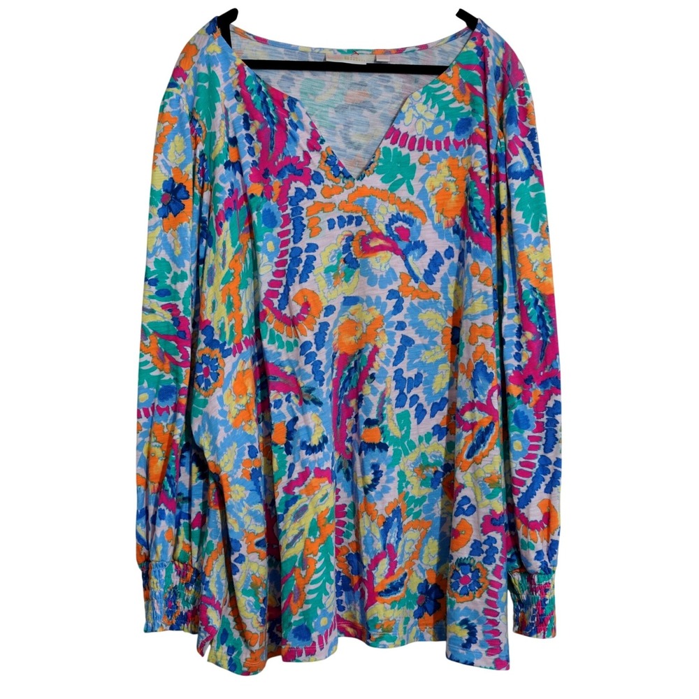 Belle Kim Gravel 3X Cotton Shirt Vibrant Paisley V-Neck Smocked Cuff Top Casual